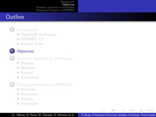 Background
                                               Objectives
                         Semantic proximity in archetypes
                         Mapping archetypes to SNOMED


. Outline
     .
    1 Background
            OpenEHR archetypes
            SNOMED CT
            Related Work
     .
    2 Objectives
     .
    3 Semantic proximity in archetypes
            Dataset
            Methods
            Results
            Conclusion
     .
    4 Mapping archetypes to SNOMED
            Methods
            Evaluation
            Results
            Discussion
                                                                           .      .       .       .      .       .

    J.L. Allones, D. Penas, M. Taboada, D. Martinez et al.   A Study of Semantic Proximity between Archetype Terms based o
 