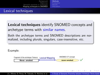 Background      Methods
                                               Objectives    Evaluation
                         Semantic proximity in archetypes    Results
                         Mapping archetypes to SNOMED        Discussion


. Lexical techniques
    .
    Lexical techniques identify SNOMED concepts and
    archetype terms with similar names.
    Both the archetype terms and SNOMED descriptions are nor-
    malized, including plurals, singulars, case-insensitive, etc.
    .

    Example:




                                                                           .      .       .       .      .       .

    J.L. Allones, D. Penas, M. Taboada, D. Martinez et al.   A Study of Semantic Proximity between Archetype Terms based o
 