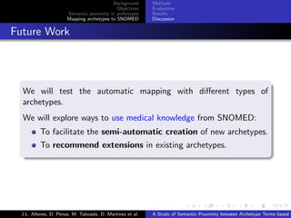 Background      Methods
                                              Objectives    Evaluation
                        Semantic proximity in archetypes    Results
                        Mapping archetypes to SNOMED        Discussion


. Future Work


    .
    We will test the automatic mapping with diﬀerent types of
    archetypes.
    We will explore ways to use medical knowledge from SNOMED:
           To facilitate the semi-automatic creation of new archetypes.
           To recommend extensions in existing archetypes.
    .




                                                                          .      .       .       .      .       .

   J.L. Allones, D. Penas, M. Taboada, D. Martinez et al.   A Study of Semantic Proximity between Archetype Terms based o
 