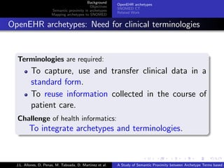 Background
                                                             OpenEHR archetypes
                                               Objectives
                                                             SNOMED CT
                         Semantic proximity in archetypes
                                                             Related Work
                         Mapping archetypes to SNOMED


. OpenEHR archetypes: Need for clinical terminologies

    .
    Terminologies are required:
            To capture, use and transfer clinical data in a
            standard form.
            To reuse information collected in the course of
            patient care.
    Challenge of health informatics:
    .      To integrate archetypes and terminologies.


                                                                           .      .       .       .      .       .

    J.L. Allones, D. Penas, M. Taboada, D. Martinez et al.   A Study of Semantic Proximity between Archetype Terms based o
 