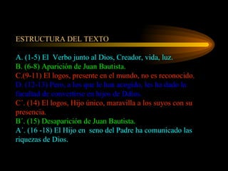 ESTRUCTURA DEL TEXTO A. (1-5) El  Verbo junto al Dios, Creador, vida, luz. B. (6-8) Aparición de Juan Bautista. C.(9-11) El logos, presente en el mundo, no es reconocido. D. (12-13) Pero, a los que le han acogido, les ha dado la facultad de convertirse en hijos de Ddios. C´. (14) El logos, Hijo único, maravilla a los suyos con su presencia. B´. (15) Desaparición de Juan Bautista. A´. (16 -18) El Hijo en  seno del Padre ha comunicado las riquezas de Dios. 
