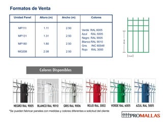 Formatos de Venta
                                                                                               Diámetro nominal 5,00 mm

   Unidad Panel          Altura (m)         Ancho (m)               Colores


       MP111                1.11               2.50
                                                             Verde RAL 6005
                                                             Azul RAL 5005
       MP131                1.31               2.50
                                                             Negro RAL 9005




                                                                                       20 cm
                                                             Blanco RAL 9010
       MP180                1.80               2.50
                                                             Gris   INC 80548
                                                             Rojo RAL 3000
       MO208                2.08               2.50
                                                                                               5 cm




*Se pueden fabricar paneles con medidas y colores diferentes a solicitud del cliente
 