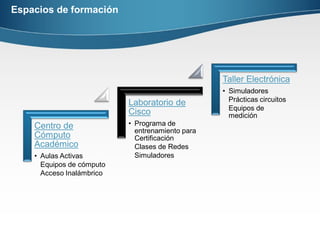 Espacios de formación
Centro de
Cómputo
Académico
• Aulas Activas
Equipos de cómputo
Acceso Inalámbrico
Laboratorio de
Cisco
• Programa de
entrenamiento para
Certificación
Clases de Redes
Simuladores
Taller Electrónica
• Simuladores
Prácticas circuitos
Equipos de
medición
 