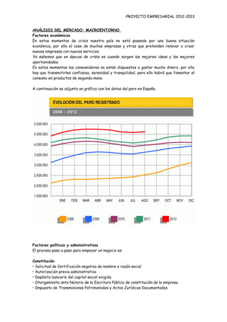 PROYECTO EMPRESARIAL 2012-2013


ANÁLISIS DEL MERCADO: MACROENTORNO
Factores económicos
En estos momentos de crisis nuestro país no está pasando por una buena situación
económica, por ello el cese de muchas empresas y otras que pretenden renovar o crear
nuevas empresas con nuevos servicios.
Ya sabemos que en épocas de crisis es cuando surgen las mejores ideas y las mejores
oportunidades.
En estos momentos los consumidores no están dispuestos a gastar mucho dinero, por ello
hay que transmitirles confianza, serenidad y tranquilidad, para ello habrá que fomentar el
consumo en productos de segunda mano.

A continuación se adjunto un gráfico con los datos del paro en España.




Factores políticos y administrativos
El proceso paso a paso para empezar un negocio es:

Constitución
• Solicitud de Certificación negativa de nombre o razón social
• Autorización previa administrativa
• Depósito bancario del capital social exigido
• Otorgamiento ante Notario de la Escritura Pública de constitución de la empresa
• Impuesto de Transmisiones Patrimoniales y Actos Jurídicos Documentados
 
