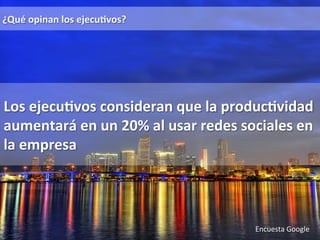 Encuesta 
Google 
¿Qué 
opinan 
los 
ejecu0vos? 
Los 
ejecu0vos 
consideran 
que 
la 
produc0vidad 
aumentará 
en 
un 
20% 
al 
usar 
redes 
sociales 
en 
la 
empresa 
 
