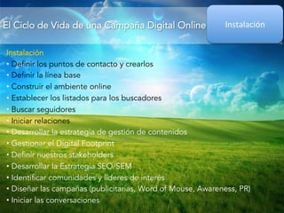 El Ciclo de Vida de una Campaña Digital Online 
Instalación 
Instalación 
• Definir los puntos de contacto y crearlos 
• D...