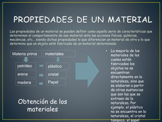 Las propiedades de un material se pueden definir como aquella serie de características que
determinan el comportamiento de ese material ante las acciones físicas, químicas,
mecánicas, etc… siendo dichas propiedades lo que diferencian un material de otro y lo que
determina que un objeto esté fabricado de un material determinado.
Materia prima materiales
petróleo
arena
madera
plástico
cristal
Papel
• La mayoría de los
materiales de los
cuales están
fabricados los
objetos no se
encuentran
directamente en la
naturaleza, sino que
se elaboran a partir
de otras sustancias
que son las que se
extraen de la
naturaleza. Por
ejemplo, el plástico
no se encuentra en la
naturaleza, el cristal
tampoco, el papel
Obtención de los
materiales
 