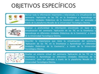 Revisar toda la información importante y relacionada a la virtualización del
seminario “Aplicación de las TIC en la Enseñanza y Aprendizaje en
diferentes Unidades Didácticas de la Geometría”, para ser accesado a
través de la plataforma Moodle de la Universidad Tecnológica Oteima.
Analizar a profundidad la información encontrada en base a la
virtualización del seminario “Aplicación de las TIC en la Enseñanza y
Aprendizaje en diferentes Unidades Didácticas de la Geometría”, a través
de la Universidad Tecnológica Oteima.
Describir la importancia que tiene la virtualización del seminario
“Aplicación de las TIC en la Enseñanza y Aprendizaje en diferentes
Unidades Didácticas de la Geometría”, a través de la Universidad
Tecnológica Oteima.
Diseñar un entorno virtual del seminario “Aplicación de las TIC en la
Enseñanza y Aprendizaje en diferentes Unidades Didácticas de la
Geometría”, para ser ofertado a través de la plataforma Moodle de la
Universidad Tecnológica Oteima.
 
