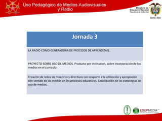 Jornada 3 LA RADIO COMO GENERADORA DE PROCESOS DE APRENDIZAJE.  PROYECTO SOBRE USO DE MEDIOS. Producto por institución, sobre incorporación de los medios en el currículo.  Creación de redes de maestros y directivos con respecto a la utilización y apropiación con sentido de los medios en los procesos educativos. Socialización de las estrategias de uso de medios. 