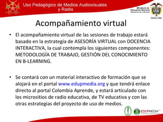 Acompañamiento virtual El acompañamiento virtual de las sesiones de trabajo estará basado en la estrategia de ASESORÍA VIRTUAL con DOCENCIA INTERACTIVA, la cual contempla los siguientes componentes: METODOLOGÍA DE TRABAJO, GESTIÓN DEL CONOCIMIENTO EN B-LEARNING. Se contará con un material interactivo de formación que se alojará en el portal  www.edupmedia.org  y que tendrá enlace directo al portal Colombia Aprende, y estará articulado con los micrositios de radio educativa, de TV educativa y con las otras estrategias del proyecto de uso de medios. 