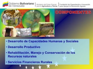 • Desarrollo de Capacidades Humanas y Sociales
• Desarrollo Productivo
• Rehabilitación, Manejo y Conservación de los
  Recursos naturales
• Servicios Financieros Rurales
 