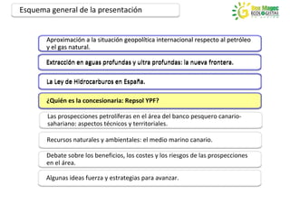 Esquema general de la presentación


       Aproximación a la situación geopolítica internacional respecto al petróleo
       Aproximación      situación geopolítica                           petróleo
       y el gas natural.

       Extracción en aguas profundas y ultra profundas: la nueva frontera.

       La Ley de Hidrocarburos en España.

       ¿Quién es la concesionaria: Repsol YPF?

       Las prospecciones petrolíferas en el área del banco pesquero canario-
       sahariano: aspectos técnicos y territoriales.

       Recursos naturales y ambientales: el medio marino canario.

       Debate sobre los beneficios, los costes y los riesgos de las prospecciones
       en el área.

       Algunas ideas fuerza y estrategias para avanzar.
 