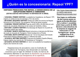 ¿Quién es la concesionaria: Repsol YPF?
VERTIDOS PRODUCIDOS POR REPSOL A CONSECUENCIA DE LA                       http://www.diagonalperiodi
          EXPLOTACIÓN FRENTE A TARRAGONA                                  co.net/En-seis-anos-
  (ESTAS COSTAS HAN SUFRIDO 18 VERTIDOS EN 10 AÑOS)
                                                                          Repsol-ha-provocado.html
- 12/02/2004, PRIMER VERTIDO: La plataforma Casablanca, de Repsol- YPF,     Dos fugas no notificadas
originó un vertido de dos km de largo y 75 m de ancho.                       de dos nuevos pozos en
- 08/10/2004, SEGUNDO VERTIDO Vertido de sulfato de amonio de Repsol       aguas profundas,Montazo
Química en el río Francolí. Se recogieron 740 kg de peces muertos.         D-5 y Lubina-1, sucedidas
- 31/08/2006, TERCER VERTIDO Fuga de entre 5.000 y 20.000 litros en una
                                                                          entre mayo y junio de 2009,
tubería de una planta. Manchas en las costas de Cambrils y Salou.
                                                                          llevaron a dos directivos de
- 05/01/2007, CUARTO VERTIDO Una descarga de Repsol en el puerto de
Tarragona originó otro vertido.
                                                                            la empresa al Juzgado de
- 23/10/2007, QUINTO VERTIDO Repsol comunica un derrame de 500 litros           Instrucción nº 3 de
de crudo en el puerto de Tarragona. Cierra la playa de La Pineda.             Tarragona por “graves
- 27/07/2009, SEXTO VERTIDO Mancha de 1 km en las playas del Creixell.           negligencias en la
Pride North America (Repsol), paga 2,7 millones de multa.                     previsión de riesgos”.
- 10/10/2010, SÉPTIMO VERTIDO El derrame de Asfaltos España (Repsol-
Cepsa) origina una mancha de 140 hectáreas en Tarragona.
- 22/12/2010, OCTAVO VERTIDO Un ‘error’ en la plataforma Casablanca
origina otra mancha de crudo.

     Organizaciones de pescadores como la Confradía de
   Pescadores de Tarragona, han denunciado en repetidas
  ocasiones que en lugar de eliminar el crudo, los barcos de
Salvamento Marítimo lo que hacen es disolverlo con productos
       químicos para que desaparezca de la superficie.
 