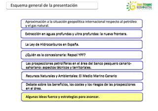 Esquema general de la presentación


       Aproximación a la situación geopolítica internacional respecto al petróleo
       Aproximación      situación geopolítica                           petróleo
       y el gas natural.

       Extracción en aguas profundas y ultra profundas: la nueva frontera.

       La Ley de Hidrocarburos en España.

       ¿Quién es la concesionaria: Repsol YPF?

       Las prospecciones petrolíferas en el área del banco pesquero canario-
       sahariano: aspectos técnicos y territoriales.

       Recursos Naturales y Ambientales: El Medio Marino Canario

       Debate sobre los beneficios, los costes y los riesgos de las prospecciones
       en el área.

       Algunas ideas fuerza y estrategias para avanzar.
 