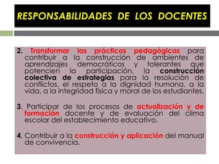 RESPONSABILIDADES DE LOS DOCENTES
2. Transformar las prácticas pedagógicas para
contribuir a la construcción de ambientes ...