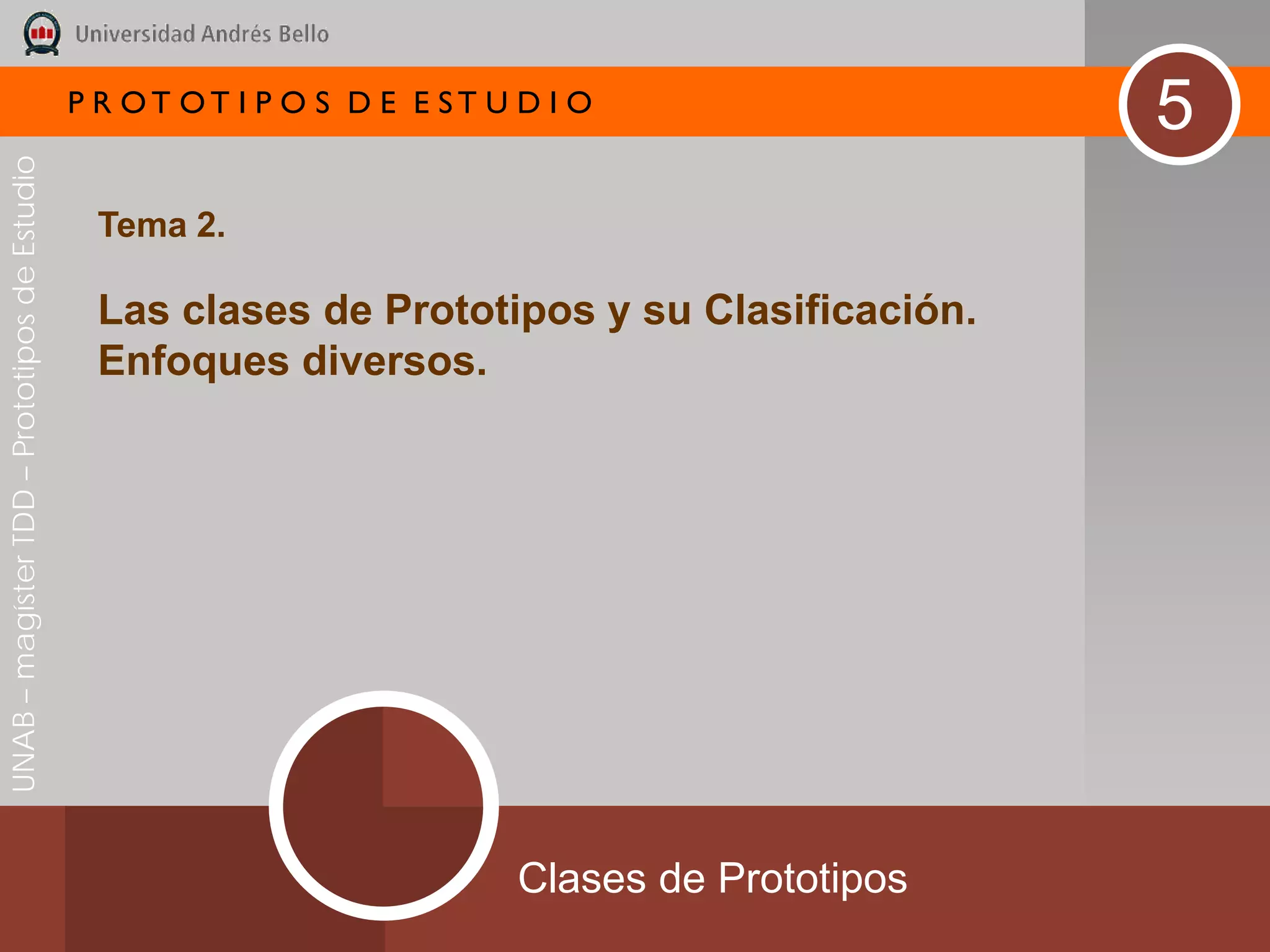 P R OT OT I P O S D E E ST U D I O
                                                                                                  5
UNAB – magíster TDD – Prototipos de Estudio




                                               Tema 2.

                                               Las clases de Prototipos y su Clasificación.
                                               Enfoques diversos.




                                                                           Clases de Prototipos
 