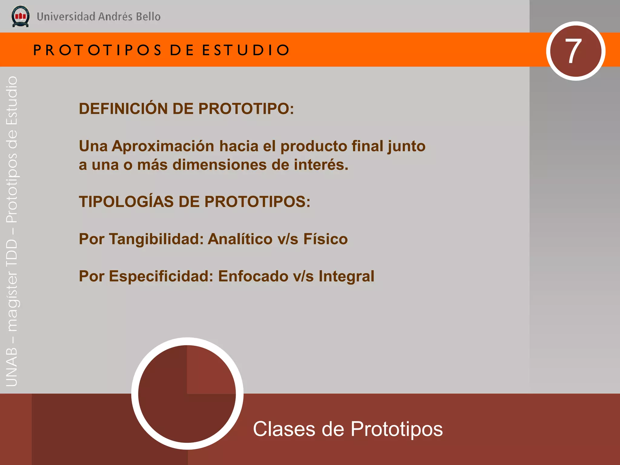 P R OT OT I P O S D E E ST U D I O
                                                                                                     7
UNAB – magíster TDD – Prototipos de Estudio




                                                    DEFINICIÓN DE PROTOTIPO:

                                                    Una Aproximación hacia el producto final junto
                                                    a una o más dimensiones de interés.

                                                    TIPOLOGÍAS DE PROTOTIPOS:

                                                    Por Tangibilidad: Analítico v/s Físico

                                                    Por Especificidad: Enfocado v/s Integral




                                                                            Clases de Prototipos
 