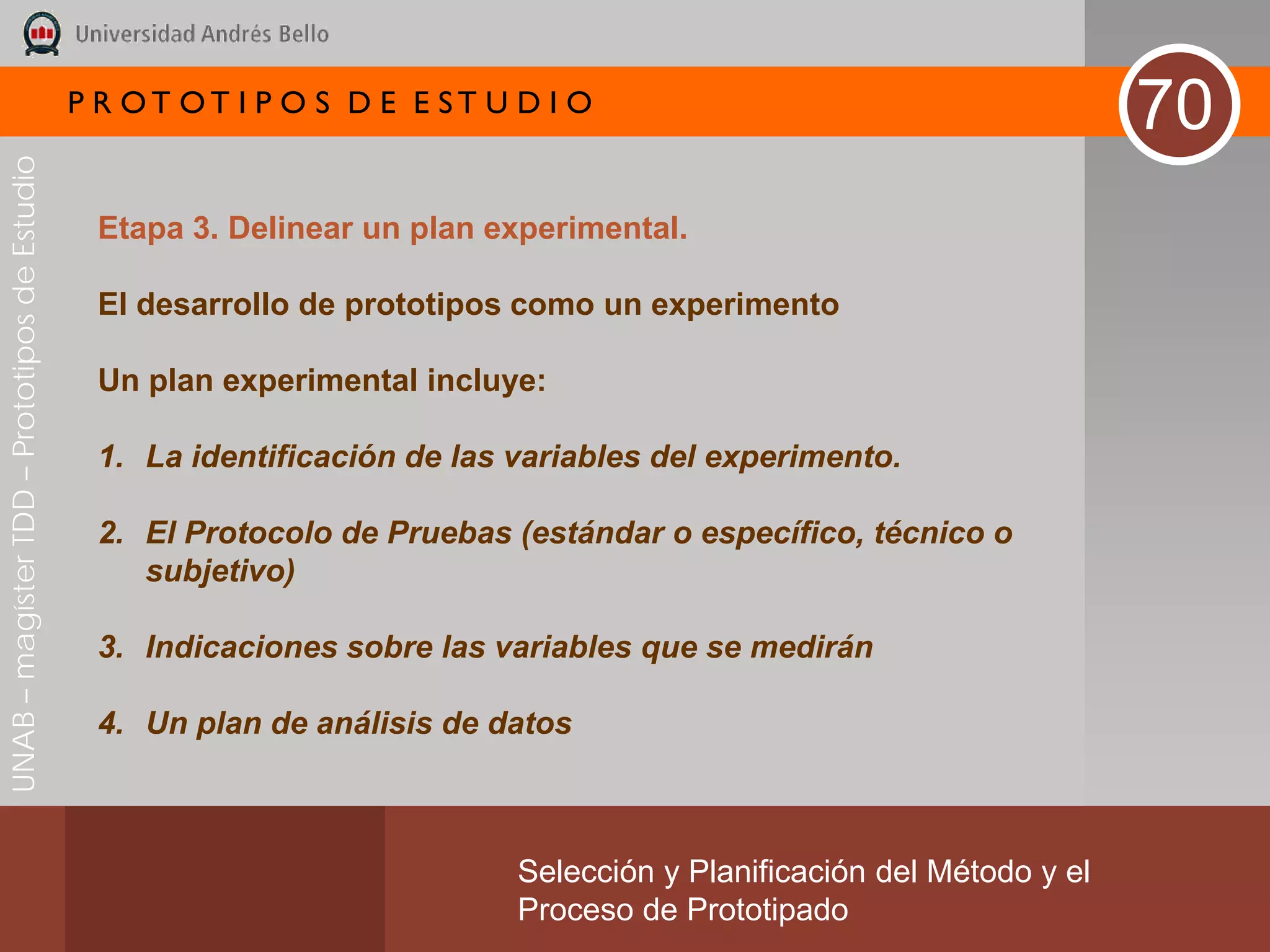 P R OT OT I P O S D E E ST U D I O
                                                                                                                       70
UNAB – magíster TDD – Prototipos de Estudio




                                               Etapa 3. Delinear un plan experimental.

                                               El desarrollo de prototipos como un experimento

                                               Un plan experimental incluye:

                                               1. La identificación de las variables del experimento.

                                               2. El Protocolo de Pruebas (estándar o específico, técnico o
                                                  subjetivo)

                                               3. Indicaciones sobre las variables que se medirán

                                               4. Un plan de análisis de datos



                                                                           Selección y Planificación del Método y el
                                                                           Proceso de Prototipado
 