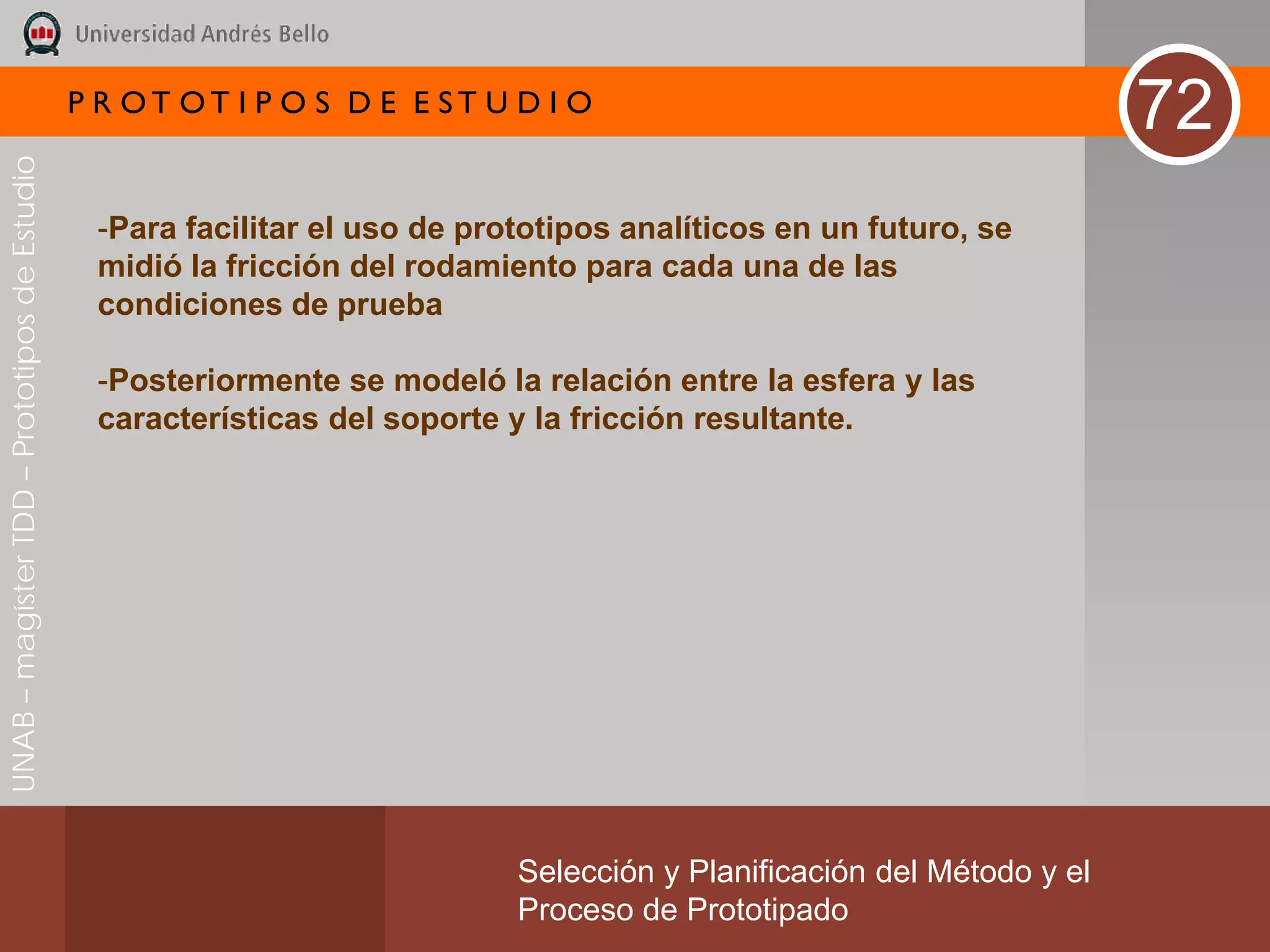 P R OT OT I P O S D E E ST U D I O
                                                                                                                        72
UNAB – magíster TDD – Prototipos de Estudio




                                               -Para facilitar el uso de prototipos analíticos en un futuro, se
                                               midió la fricción del rodamiento para cada una de las
                                               condiciones de prueba

                                               -Posteriormente se modeló la relación entre la esfera y las
                                               características del soporte y la fricción resultante.




                                                                            Selección y Planificación del Método y el
                                                                            Proceso de Prototipado
 