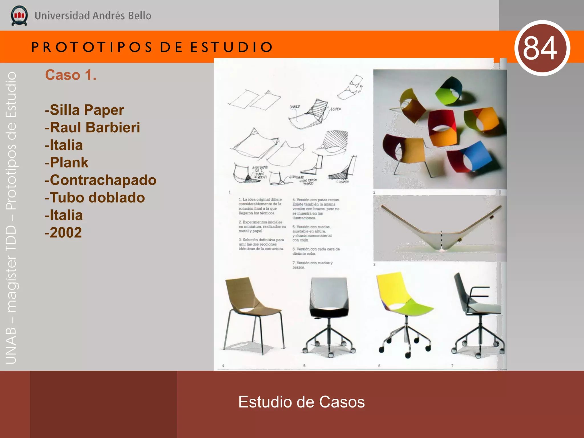 P R OT OT I P O S D E E ST U D I O
                                                                                              84
                                               Caso 1.
UNAB – magíster TDD – Prototipos de Estudio




                                               -Silla Paper
                                               -Raul Barbieri
                                               -Italia
                                               -Plank
                                               -Contrachapado
                                               -Tubo doblado
                                               -Italia
                                               -2002




                                                                           Estudio de Casos
 