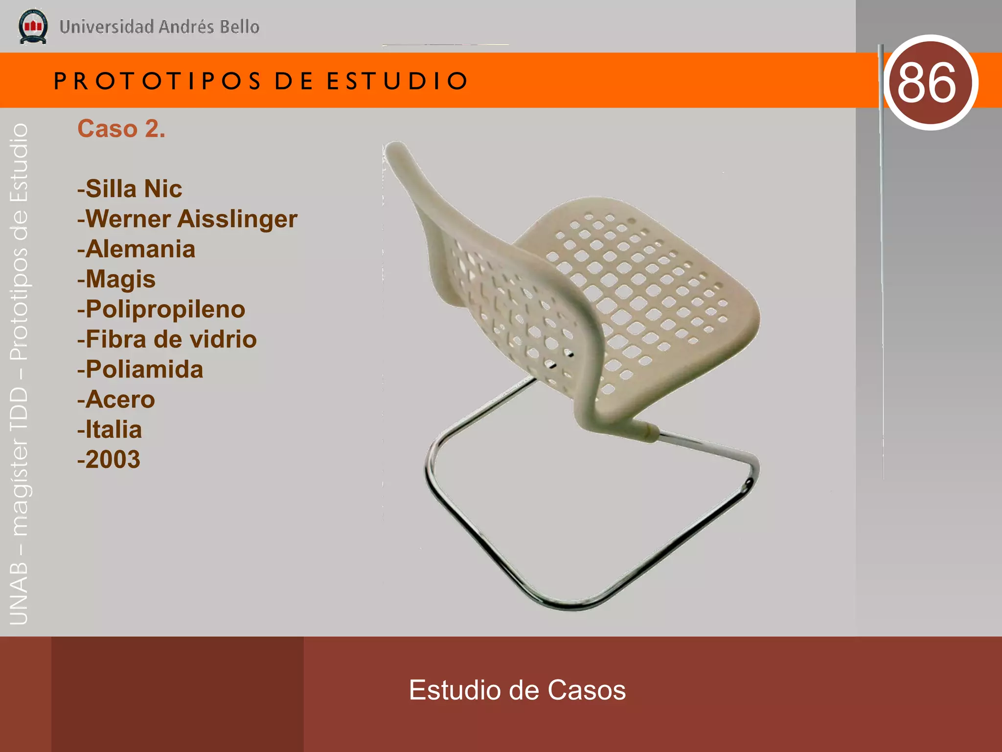 P R OT OT I P O S D E E ST U D I O
                                                                                              86
                                               Caso 2.
UNAB – magíster TDD – Prototipos de Estudio




                                               -Silla Nic
                                               -Werner Aisslinger
                                               -Alemania
                                               -Magis
                                               -Polipropileno
                                               -Fibra de vidrio
                                               -Poliamida
                                               -Acero
                                               -Italia
                                               -2003




                                                                           Estudio de Casos
 