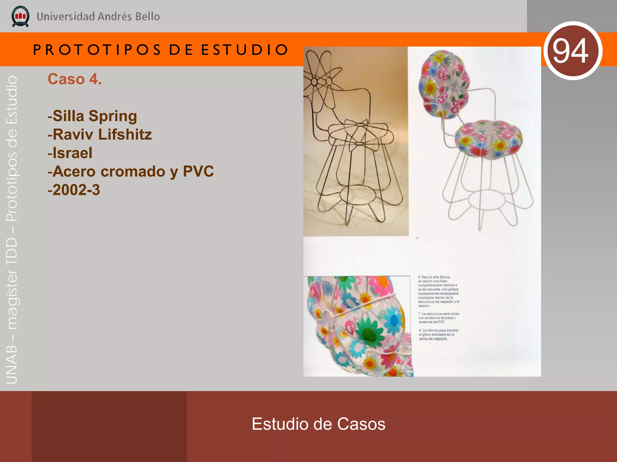 P R OT OT I P O S D E E ST U D I O
                                                                                              94
                                               Caso 4.
UNAB – magíster TDD – Prototipos de Estudio




                                               -Silla Spring
                                               -Raviv Lifshitz
                                               -Israel
                                               -Acero cromado y PVC
                                               -2002-3




                                                                           Estudio de Casos
 