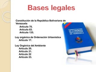Constitución de la República Bolivariana de
Venezuela
Artículo 70.
Artículo 83.
Artículo 135.
Ley orgánica de Ordenación Urbanística
Artículo 17.
Ley Orgánica del Ambiente
Artículo 20.
Artículo 21.
Artículo 22
Artículo 23.
 