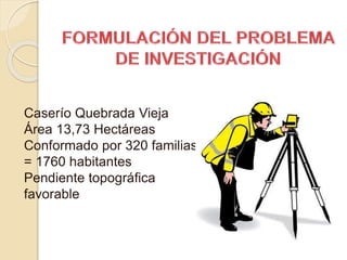 Caserío Quebrada Vieja
Área 13,73 Hectáreas
Conformado por 320 familias
= 1760 habitantes
Pendiente topográfica
favorable
 