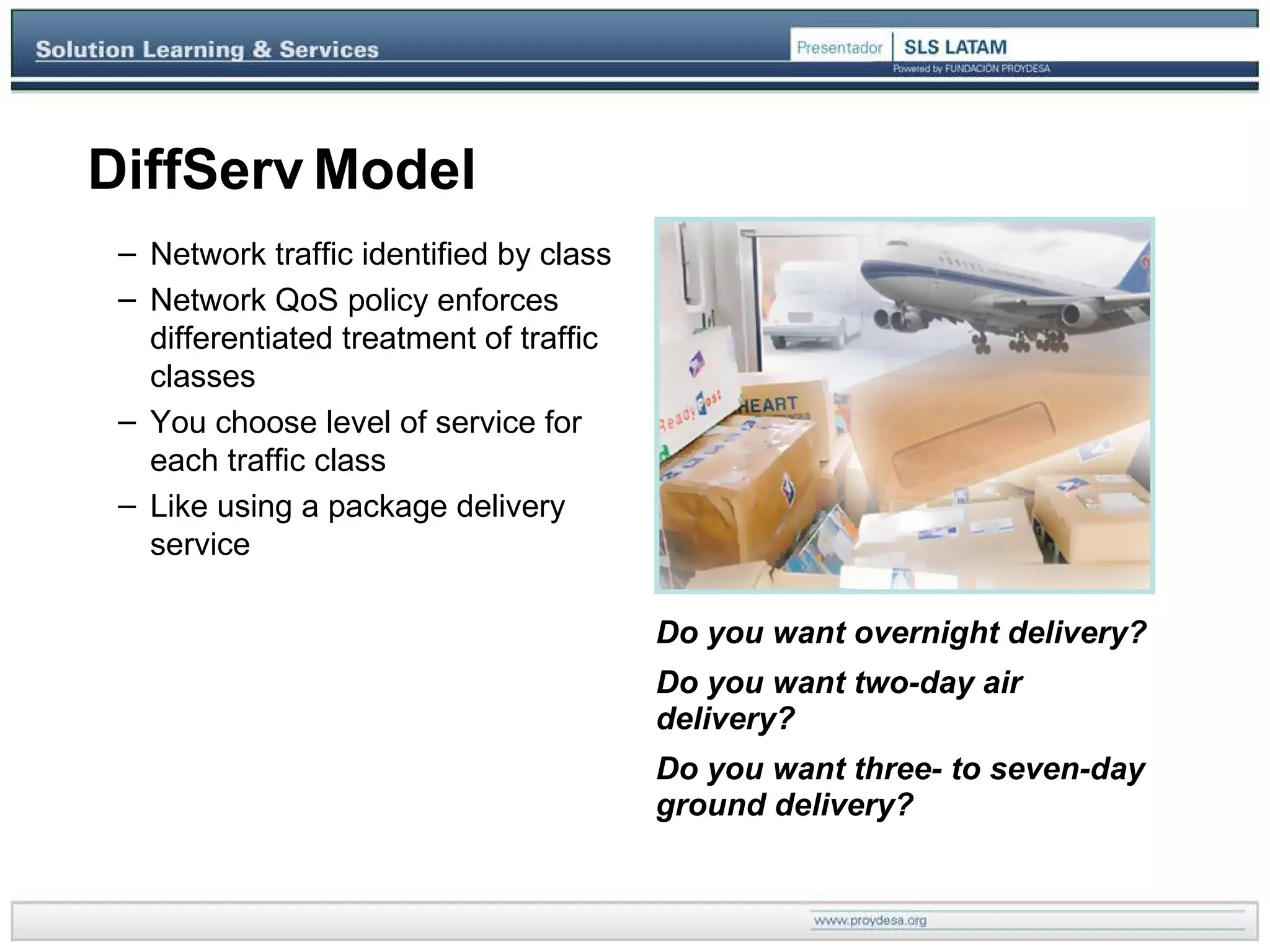 DiffServ   Model Network traffic identified by class Network QoS policy enforces differentiated treatment of traffic classes You choose level of service for each traffic class Like using a package delivery service Do you want overnight delivery? Do you want two-day air delivery? Do you want three- to seven-day ground delivery? 
