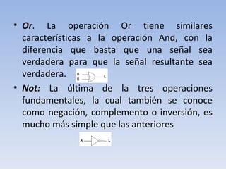 Or . La operación Or tiene similares características a la operación And, con la diferencia que basta que una señal sea verdadera para que la señal resultante sea verdadera.  Not:  La última de la tres operaciones fundamentales, la cual también se conoce como negación, complemento o inversión, es mucho más simple que las anteriores 