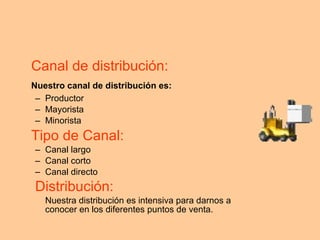 Canal de distribución: Nuestro canal de distribución es: Productor Mayorista Minorista Tipo de Canal: Canal largo Canal corto Canal directo Distribución: Nuestra distribución es intensiva para darnos a conocer en los diferentes puntos de venta. 