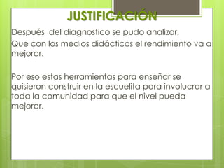 JUSTIFICACIÓN
Después del diagnostico se pudo analizar,
Que con los medios didácticos el rendimiento va a
mejorar.

Por eso estas herramientas para enseñar se
quisieron construir en la escuelita para involucrar a
toda la comunidad para que el nivel pueda
mejorar.
 