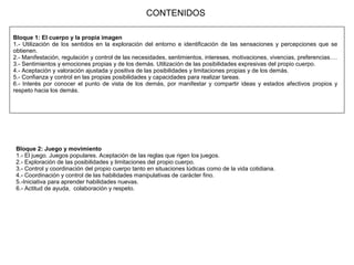 Bloque 1: El cuerpo y la propia imagen
1.- Utilización de los sentidos en la exploración del entorno e identificación de las sensaciones y percepciones que se
obtienen.
2.- Manifestación, regulación y control de las necesidades, sentimientos, intereses, motivaciones, vivencias, preferencias….
3.- Sentimientos y emociones propias y de los demás. Utilización de las posibilidades expresivas del propio cuerpo.
4.- Aceptación y valoración ajustada y positiva de las posibilidades y limitaciones propias y de los demás.
5.- Confianza y control en las propias posibilidades y capacidades para realizar tareas.
6.- Interés por conocer el punto de vista de los demás, por manifestar y compartir ideas y estados afectivos propios y
respeto hacia los demás.
Bloque 2: Juego y movimiento
1.- El juego. Juegos populares. Aceptación de las reglas que rigen los juegos.
2.- Exploración de las posibilidades y limitaciones del propio cuerpo.
3.- Control y coordinación del propio cuerpo tanto en situaciones lúdicas como de la vida cotidiana.
4.- Coordinación y control de las habilidades manipulativas de carácter fino.
5.-Iniciativa para aprender habilidades nuevas.
6.- Actitud de ayuda, colaboración y respeto.
CONTENIDOS
 