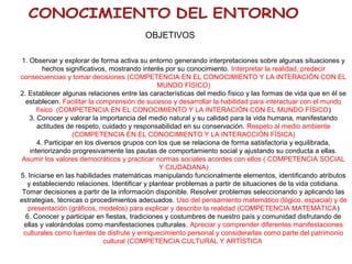 OBJETIVOS
1. Observar y explorar de forma activa su entorno generando interpretaciones sobre algunas situaciones y
hechos significativos, mostrando interés por su conocimiento. Interpretar la realidad, predecir
consecuencias y tomar decisiones (COMPETENCIA EN EL CONOCIMIENTO Y LA INTERACIÓN CON EL
MUNDO FÍSICO)
2. Establecer algunas relaciones entre las características del medio físico y las formas de vida que en él se
establecen. Facilitar la comprensión de sucesos y desarrollar la habilidad para interactuar con el mundo
físico (COMPETENCIA EN EL CONOCIMIENTO Y LA INTERACIÓN CON EL MUNDO FÍSICO)
3. Conocer y valorar la importancia del medio natural y su calidad para la vida humana, manifestando
actitudes de respeto, cuidado y responsabilidad en su conservación. Respeto al medio ambiente
(COMPETENCIA EN EL CONOCIMIENTO Y LA INTERACCIÓN FÍSICA)
4. Participar en los diversos grupos con los que se relaciona de forma satisfactoria y equilibrada,
interiorizando progresivamente las pautas de comportamiento social y ajustando su conducta a ellas.
Asumir los valores democráticos y practicar normas sociales acordes con ellos ( COMPETENCIA SOCIAL
Y CIUDADANA)
5. Iniciarse en las habilidades matemáticas manipulando funcionalmente elementos, identificando atributos
y estableciendo relaciones. Identificar y plantear problemas a partir de situaciones de la vida cotidiana.
Tomar decisiones a partir de la información disponible. Resolver problemas seleccionando y aplicando las
estrategias, técnicas o procedimientos adecuados. Uso del pensamiento matemático (lógico, espacial) y de
presentación (gráficos, modelos) para explicar y describir la realidad (COMPETENCIA MATEMÁTICA)
6. Conocer y participar en fiestas, tradiciones y costumbres de nuestro país y comunidad disfrutando de
ellas y valorándolas como manifestaciones culturales. Apreciar y comprender diferentes manifestaciones
culturales como fuentes de disfrute y enriquecimiento personal y considerarlas como parte del patrimonio
cultural (COMPETENCIA CULTURAL Y ARTÍSTICA
 
