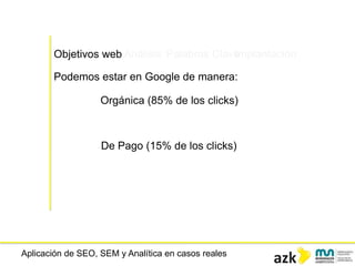 Aplicación de SEO, SEM y Analítica en casos reales
Podemos estar en Google de manera:
Orgánica (85% de los clicks)
De Pago (15% de los clicks)
Objetivos web Análisis Palabras ClaveImplantación
 