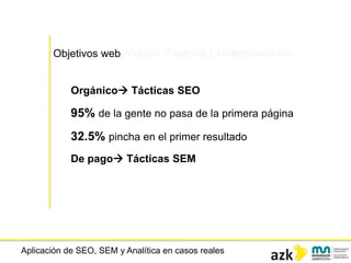 Aplicación de SEO, SEM y Analítica en casos reales
Orgánico Tácticas SEO
95% de la gente no pasa de la primera página
32.5% pincha en el primer resultado
De pago Tácticas SEM
Objetivos web Análisis Palabras ClaveImplantación
 