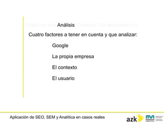 Aplicación de SEO, SEM y Analítica en casos reales
Objetivos web Análisis Palabras ClaveImplantación
Cuatro factores a tener en cuenta y que analizar:
Google
La propia empresa
El contexto
El usuario
 