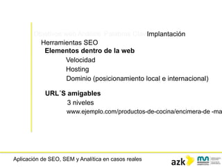 Aplicación de SEO, SEM y Analítica en casos reales
Objetivos web Análisis Palabras ClaveImplantación
Herramientas SEO
Elementos dentro de la web
Velocidad
Hosting
Dominio (posicionamiento local e internacional)
URL´S amigables
3 niveles
www.ejemplo.com/productos-de-cocina/encimera-de -ma
 