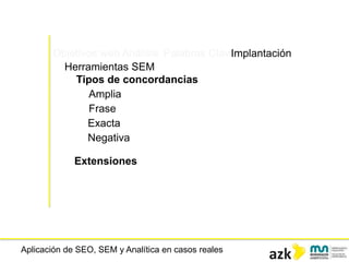 Aplicación de SEO, SEM y Analítica en casos reales
Objetivos web Análisis Palabras ClaveImplantación
Herramientas SEM
Tipos de concordancias
Amplia
Frase
Exacta
Negativa
Extensiones
 