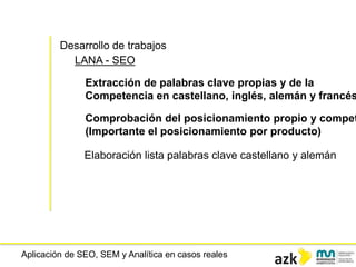 Aplicación de SEO, SEM y Analítica en casos reales
Desarrollo de trabajos
LANA - SEO
Extracción de palabras clave propias y de la
Competencia en castellano, inglés, alemán y francés
Comprobación del posicionamiento propio y compet
(Importante el posicionamiento por producto)
Elaboración lista palabras clave castellano y alemán
 