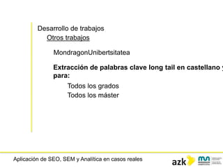 Aplicación de SEO, SEM y Analítica en casos reales
Desarrollo de trabajos
Otros trabajos
MondragonUnibertsitatea
Extracción de palabras clave long tail en castellano y
para:
Todos los grados
Todos los máster
 