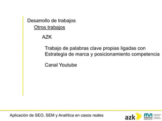 Aplicación de SEO, SEM y Analítica en casos reales
Desarrollo de trabajos
Otros trabajos
AZK
Trabajo de palabras clave propias ligadas con
Estrategia de marca y posicionamiento competencia
Canal Youtube
 