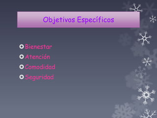 Objetivos Específicos
Bienestar
Atención
Comodidad
Seguridad
 