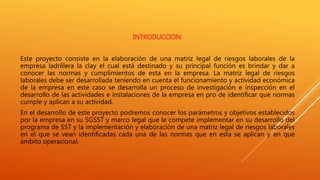 INTRODUCCION:
Este proyecto consiste en la elaboración de una matriz legal de riesgos laborales de la
empresa ladrillera la clay el cual está destinado y su principal función es brindar y dar a
conocer las normas y cumplimientos de esta en la empresa. La matriz legal de riesgos
laborales debe ser desarrollada teniendo en cuenta el funcionamiento y actividad económica
de la empresa en este caso se desarrolla un proceso de investigación e inspección en el
desarrollo de las actividades e instalaciones de la empresa en pro de identificar que normas
cumple y aplican a su actividad.
En el desarrollo de este proyecto podremos conocer los parámetros y objetivos establecidos
por la empresa en su SGSST y marco legal que le compete implementar en su desarrollo del
programa de SST y la implementación y elaboración de una matriz legal de riesgos laborales
en el que se vean identificadas cada una de las normas que en esta se aplican y en que
ámbito operacional.
 