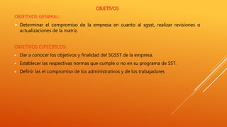 OBJETIVOS
OBJETIVOS GENERAL:
 Determinar el compromiso de la empresa en cuanto al sgsst, realizar revisiones o
actualizaciones de la matriz.
OBJETIVOS ESPECIFICOS:
 Dar a conocer los objetivos y finalidad del SGSST de la empresa.
 Establecer las respectivas normas que cumple o no en su programa de SST.
 Definir las el compromiso de los administrativos y de los trabajadores
 
