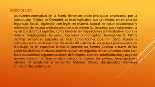 MODO DE USO:
 Las fuentes normativas en la Matriz tienen un orden jerárquico, empezando por la
Constitución Política de Colombia, el Acto legislativo que la reforma en el tema de
Seguridad Social, siguiendo con leyes en materia laboral de salud ocupacional y
prevención de riesgos profesionales; después vienen los Decretos, que reglamentan la
ley en sus distintos aspectos, como también las disposiciones administrativas sobre la
materia: Resoluciones, Acuerdos, Circulares y Conceptos. Acompañan la Matriz
distintas sentencias judiciales de altas Corporaciones que han dado alcance y
definición sobre los temas más relevantes del sistema de los riesgos profesionales en
el trabajo. Ya en específico, la Matriz contiene las fuentes jurídicas a través de las
cuales las distintas entidades administrativas han regulado temas concretos como son:
Salud ocupacional, reglamentaciones, definiciones, comités, autoliquidación y pago de
aportes; control de determinados riesgos y fuentes de peligro, investigaciones
internas de accidentes e incidentes; historias clínicas, discapacidad, exámenes
ocupacionales, entre otras.
 