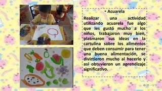 • Acuarela
Realizar una actividad
utilizando acuarela fue algo
que les gustó mucho a los
niños, trabajaron muy bien,
plasmaron sus ideas en la
cartulina sobre los alimentos
que deben consumir para tener
una buena alimentación, se
divirtieron mucho al hacerlo y
así obtuvieron un aprendizaje
significativo.
 