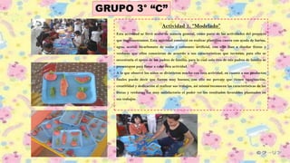 Actividad 1. “Modelado”
Esta actividad se llevó acabo de manera general, como parte de las actividades del proyecto
que implementamos. Esta actividad consistió en realizar plastilina casera con ayuda de harina,
agua, aceite, bicarbonato de sodio y colorante artificial, con ello iban a diseñar frutas y
verduras que ellos conocieran de acuerdo a sus características que tuvieran; para ello se
necesitaría el apoyo de los padres de familia, para lo cual solo tres de mis padres de familia se
presentaron para llevar a cabo esta actividad.
A lo que observé los niños se divirtieron mucho con esta actividad, en cuanto a sus productos
finales puedo decir que fueron muy buenos, con ello me percate que tienen imaginación,
creatividad y dedicación al realizar sus trabajos, así mismo reconocen las características de las
frutas y verduras; fue muy satisfactorio el poder ver los resultados favorables plasmados en
sus trabajos.
GRUPO 3° “C”
 