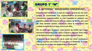 GRUPO 1° “A”
1. ACTIVIDAD “ MOLDEANDO CONCIENCIAS”.
Esta actividad fue llevada a cabo de manera general por los siete
grupos de practicantes que conformábamos el proyecto de
intervención socioeducativa, la cual consistió en elaborar una
plastilina casera en conjunto con los padres de familia para que
así ellos también tañarán conciencia sobre la importancia del
cuidado la salud de sus hijos como la de ellos.
Por mi parte solo asistieron ocho padres de familia los cuales
estuvieron apoyando a sus hijos e incluso a algunos otros niños
en la elaboración de la masa para así poder formar fruteros.
Al termino de la elaboración de la masa los niños continuaron
solos y lograron dar forma a lo que seria el moldeado de frutar
con ayuda de un poco de imaginación y creatividad.
 