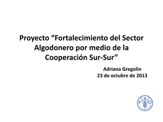 Proyecto “Fortalecimiento del Sector Algodonero por medio de la Cooperación Sur-Sur” 
Adriana Gregolin 23 de octubre de 2013  